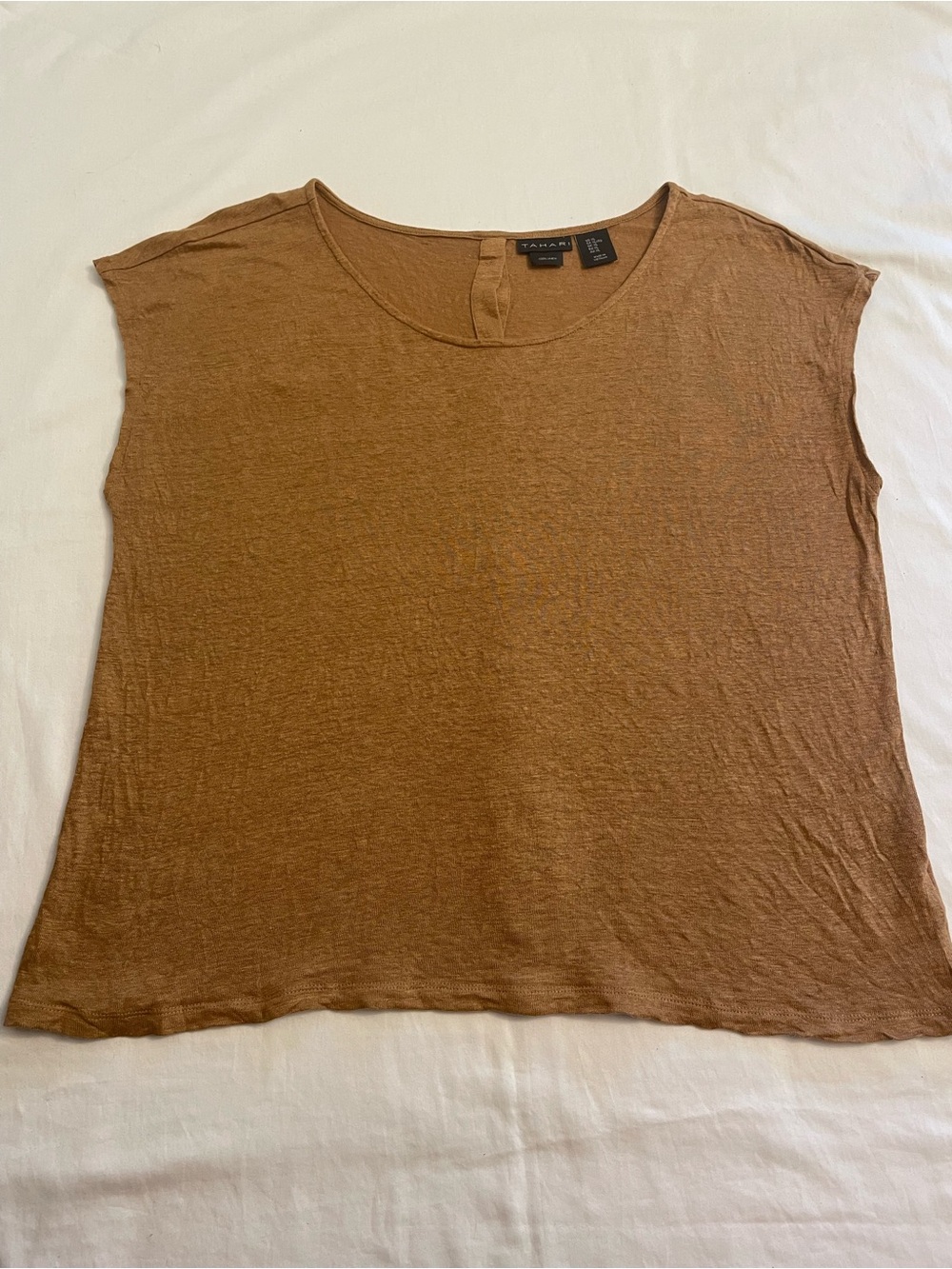 Tahari 100% Linen Knit Button-Back Cap Sleeve Top Camel Tan Women’s Size XL